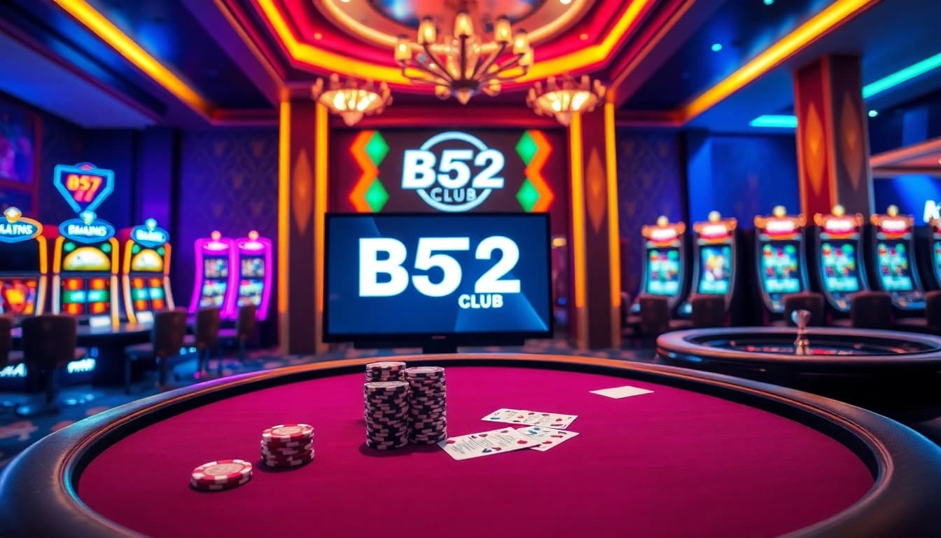 B52 Club online players engaging in poker at a luxurious casino table filled with chips and cards.