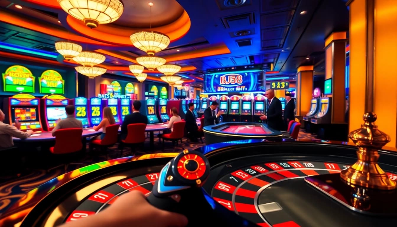 Intense gaming action at BJ38 casino with poker chips and vibrant roulette wheel.