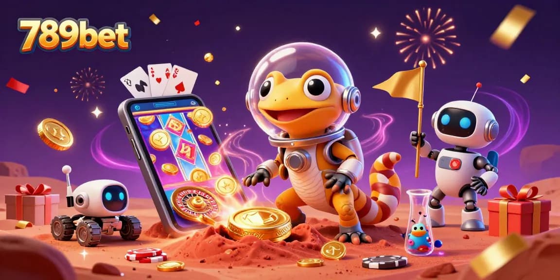Experience the excitement of 789bet with a Martian gecko uncovering a golden casino in 3D illustration.