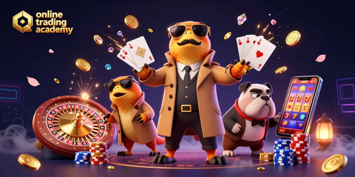 Engage in the online trading academy with cartoon raptors in a trench coat at a casino.