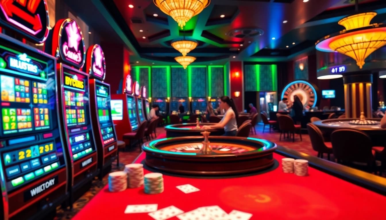 Winning at onicplay, a luxury casino scene with slots, poker, and roulette.