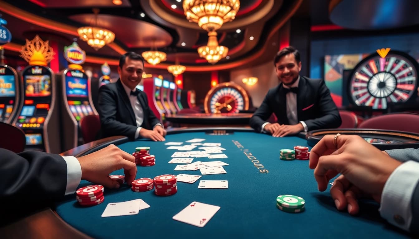 Players engaging at a high-stakes poker table at SODO66 casino, showcasing excitement and luxury.