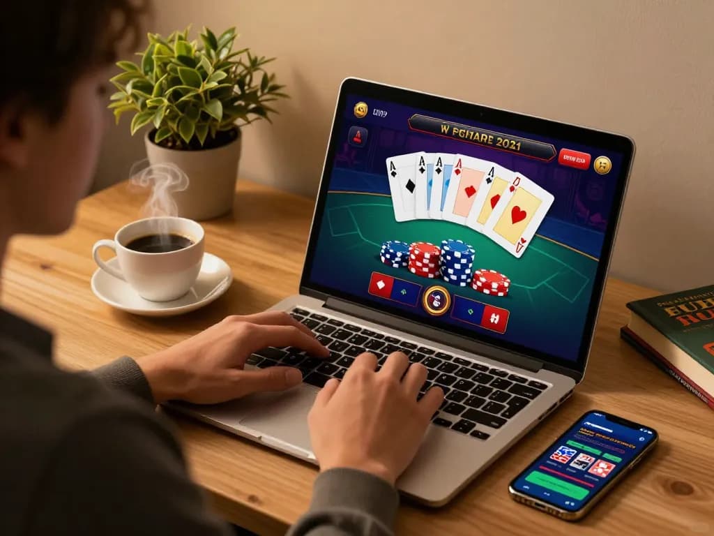Engaged player strategizing at https://13win-asia.com/ during an online blackjack session with laptop and coffee.