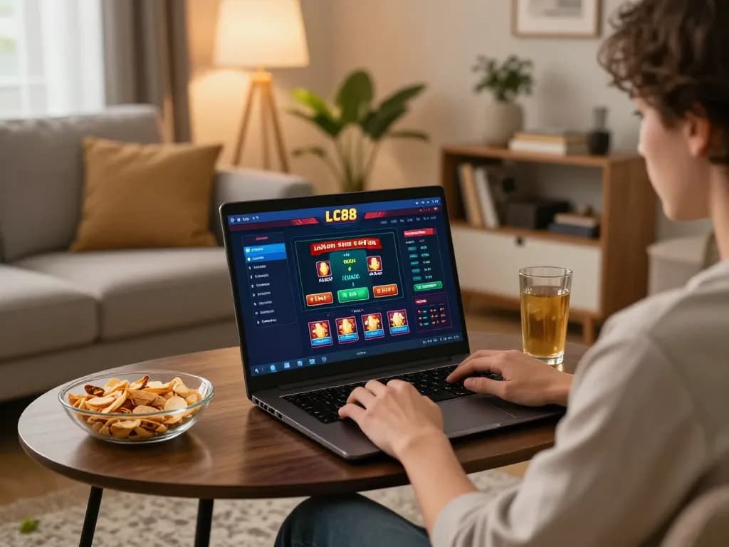 Engaging in online gambling at LC88 within a cozy home gaming setup.