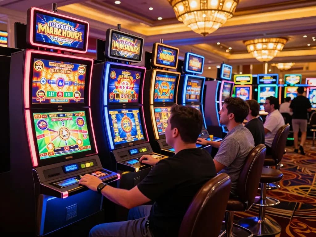 Players enjoy engaging slot gameplay surrounded by vibrant machines in a lively casino.