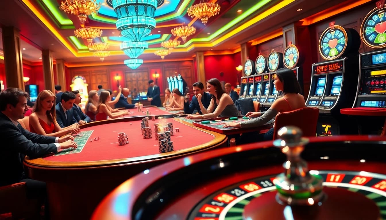Experience the thrill of gambling with MM88 in a lively casino scene featuring poker, roulette, and vibrant slot machines.