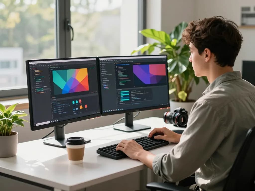 Developer working in a bright workspace with dual monitors using 谷歌浏览器 for coding and design.