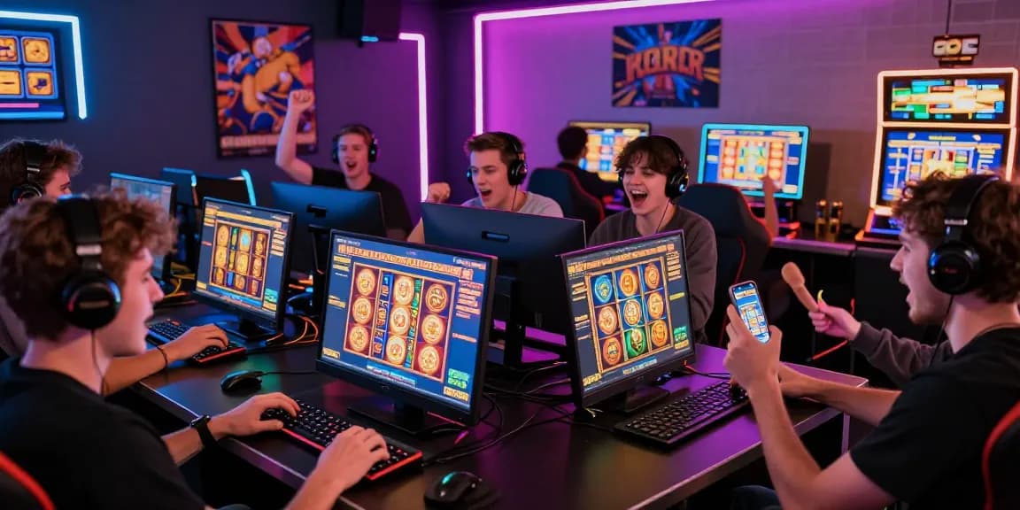 Excited players spinning slots online with vibrant screens and gaming atmosphere.