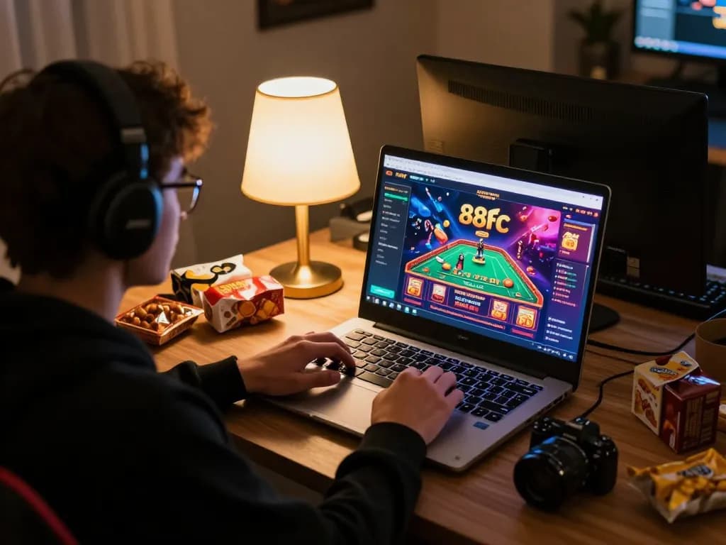 Engaging in online gaming at 88fc with vibrant interface on laptop