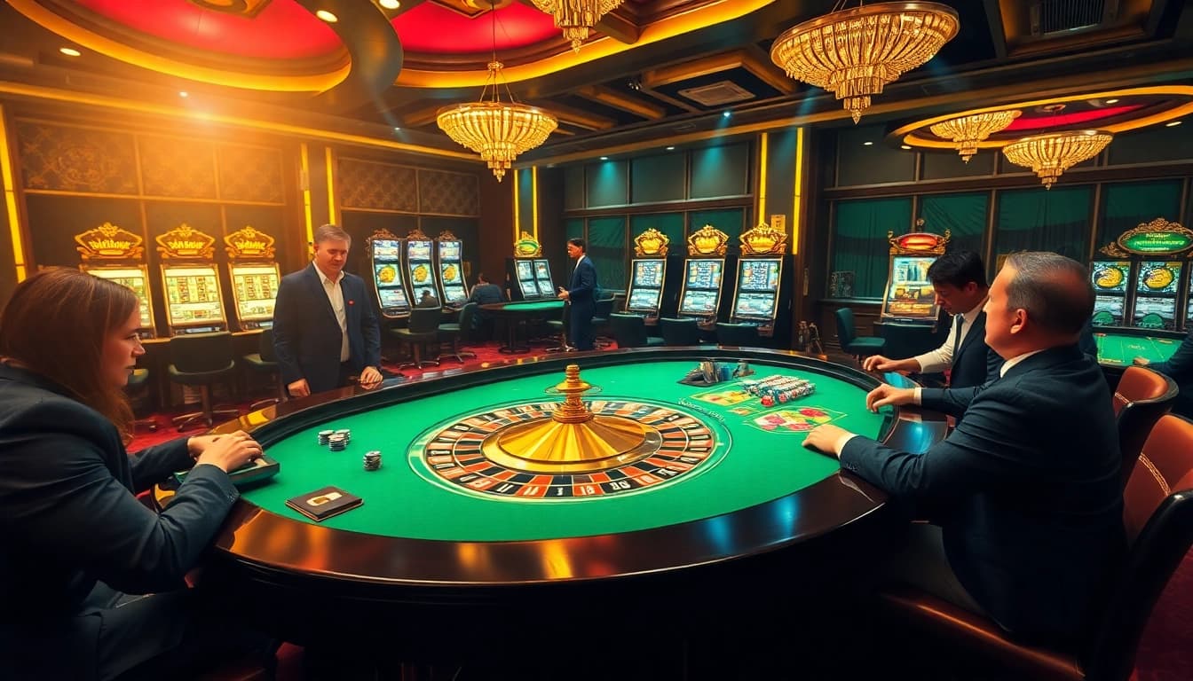 Players placing bets at a vibrant casino table while enjoying the experience at https://ok365vvip.com/.