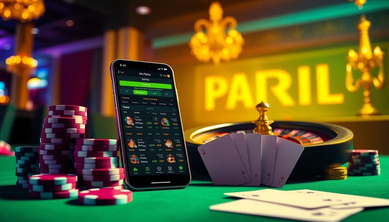 Placing a Mix Parlay bet on a sleek mobile interface amidst vibrant casino elements.