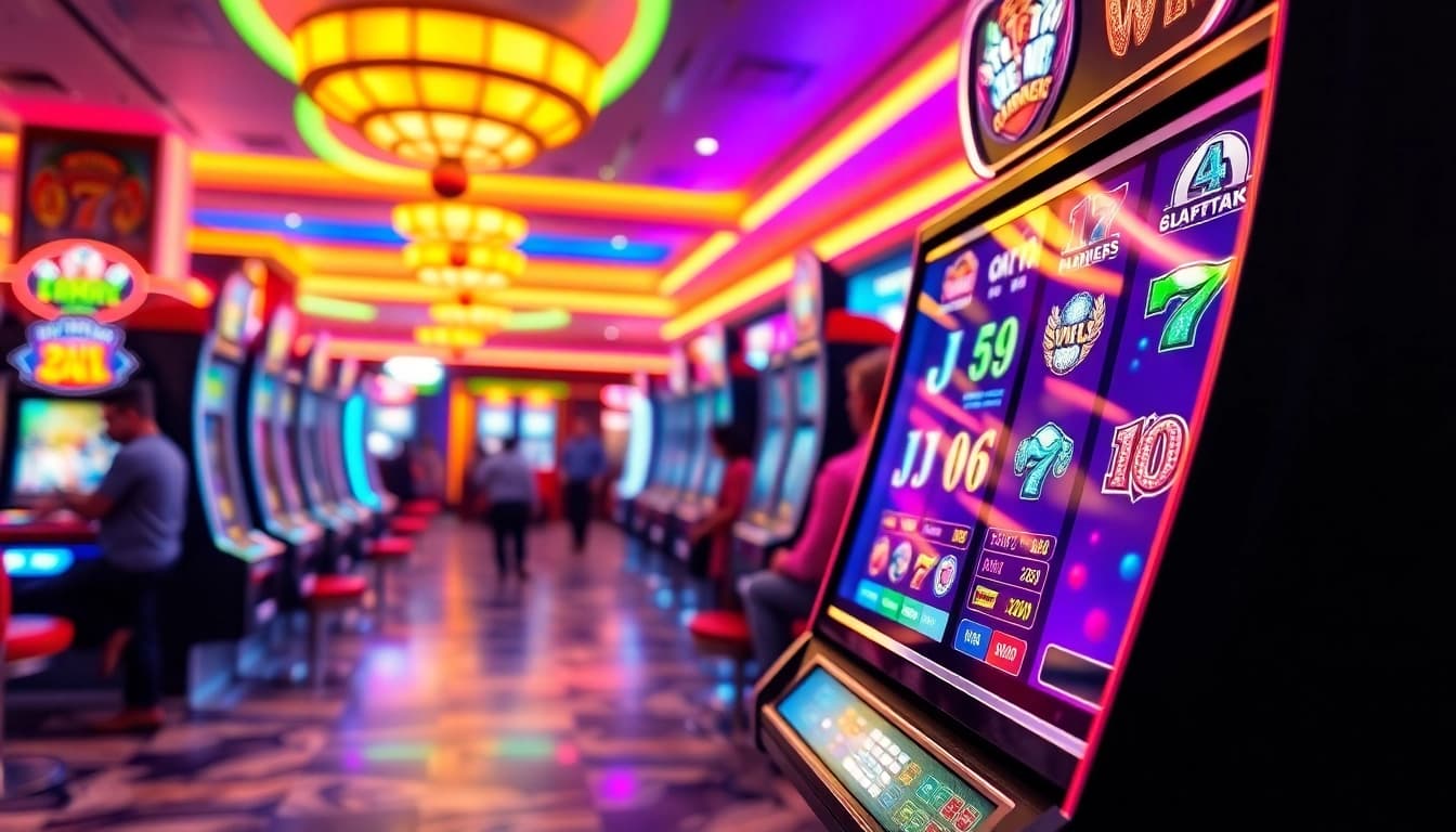 Menangkan di ondel4d slot dengan mesin slot yang menarik dan cahaya cerah di latar belakang.