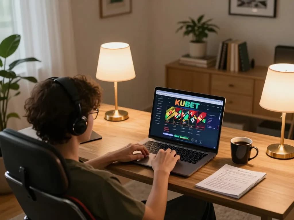 KUBET user enjoying online casino gaming at home with laptop and betting notes.
