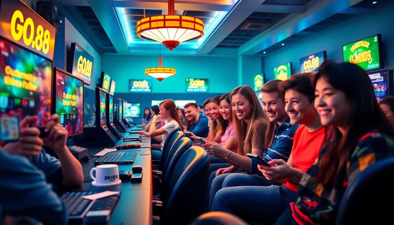 Tải GO88 - Exciting digital gaming environment showcasing diverse players engaged in various online game challenges.
