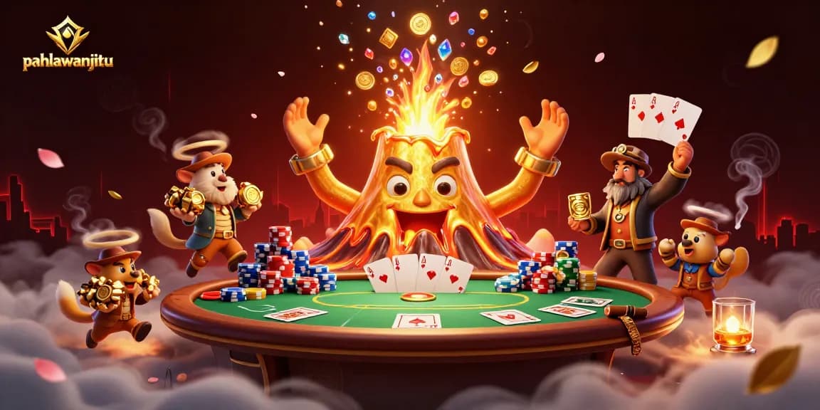 Pahlawanjitu gaming scene with a volcano pouring coins, cartoon animals, and poker elements.