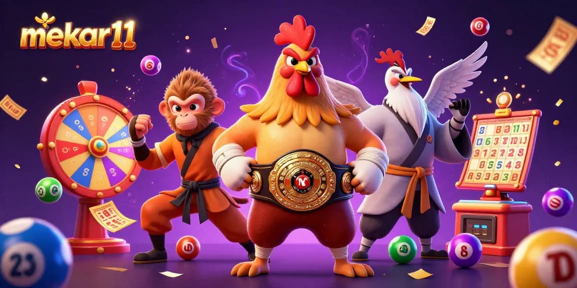 Mekar11 enchants players with vibrant lottery balls, a dynamic prize wheel, and whimsical casino characters.