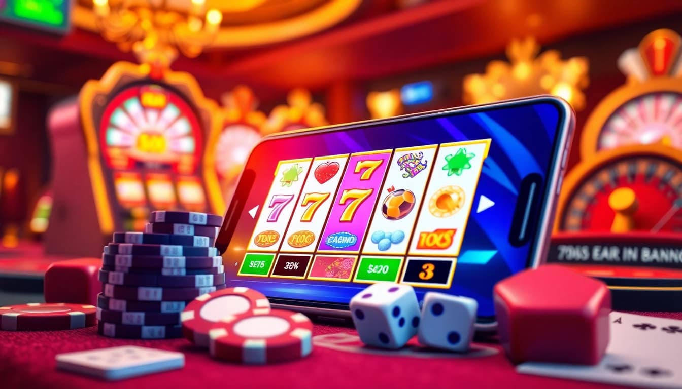 Experience the excitement of tải sunwin in a vibrant online casino setting with slot machines and poker elements.