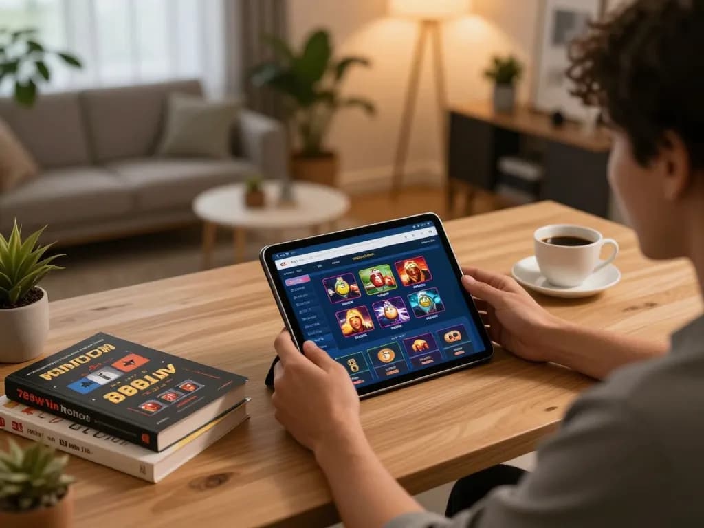 Enjoying online gaming at home with 789win com, showcasing an engaging tablet interface