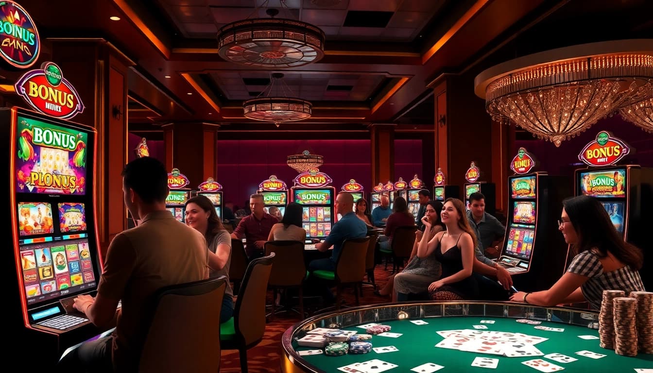 Excited players enjoy slot pragmatic play games at a luxurious casino setting.