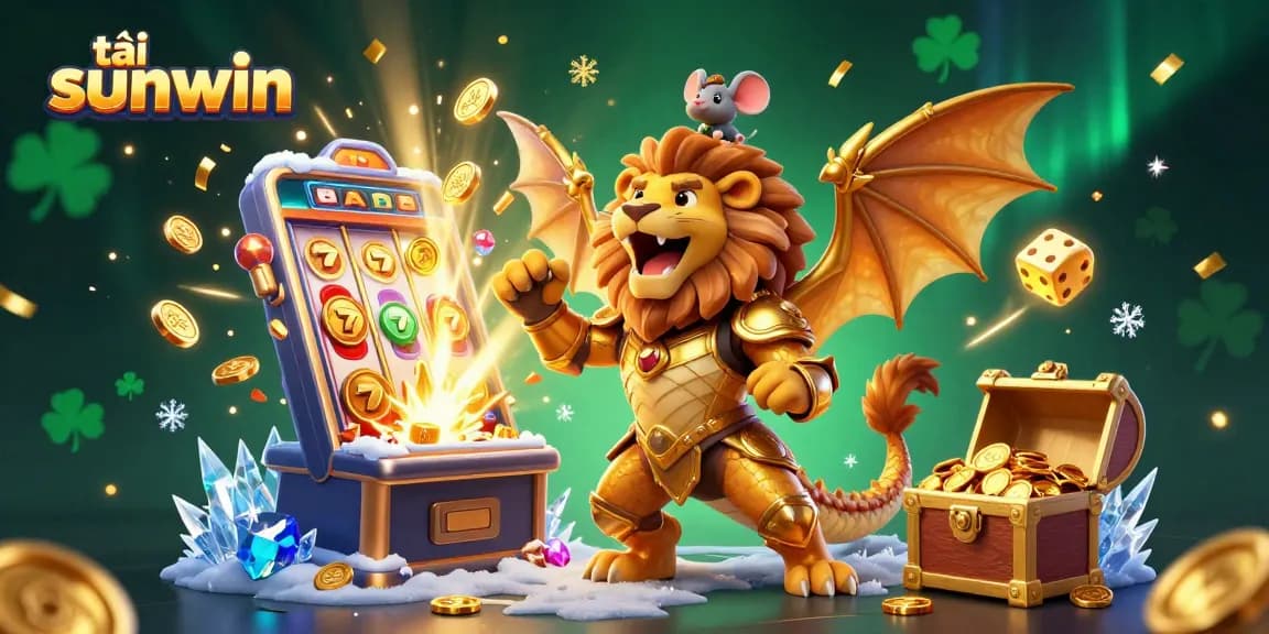 Tải sunwin with a golden chimera character, jackpot slot machine, and treasure chest in a vibrant casino scene.