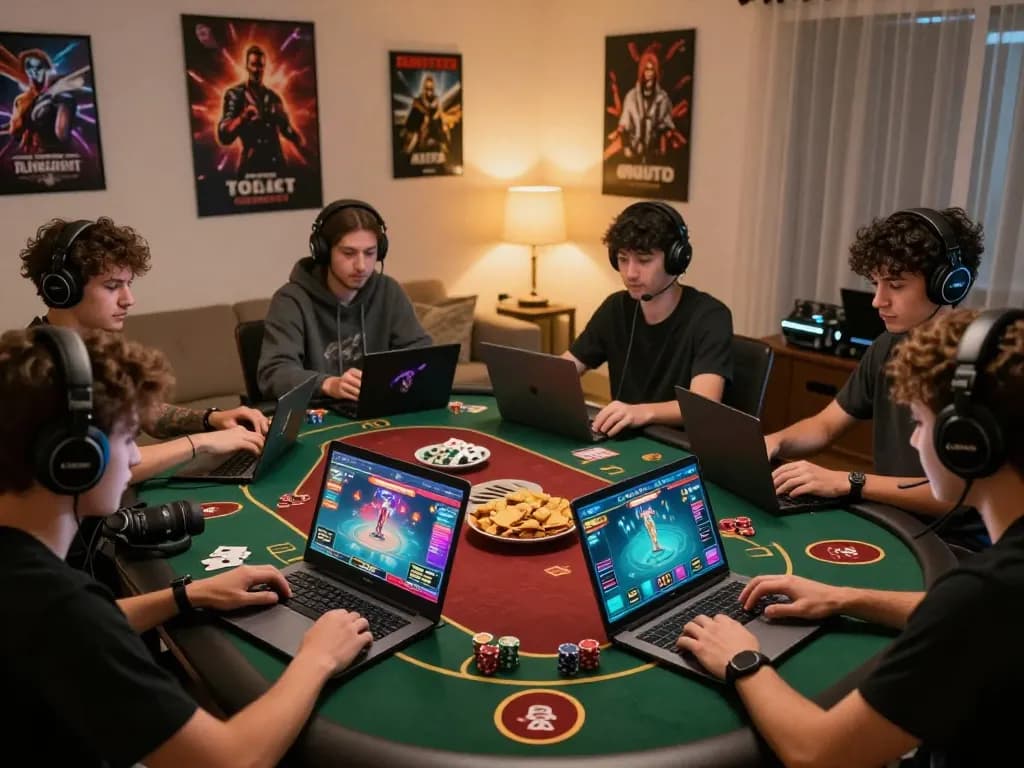 Exciting online gaming environment showcasing players enjoying link tải rikvip mới nhất on laptops and phones in cozy home settings.