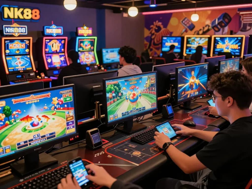 Exciting NK88 online gaming scene showcasing players enjoying slot games and sports betting.