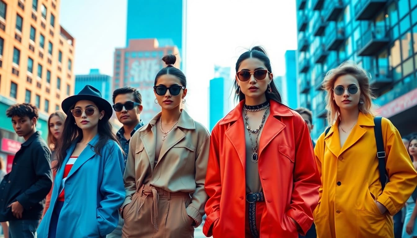 Fashion models displaying trendy outfits in a vibrant urban setting.