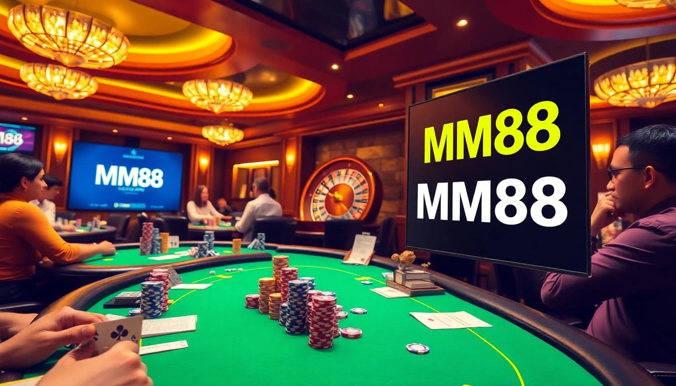 Engaged players at MM88 poker table emphasizing excitement and luxury in a casino.