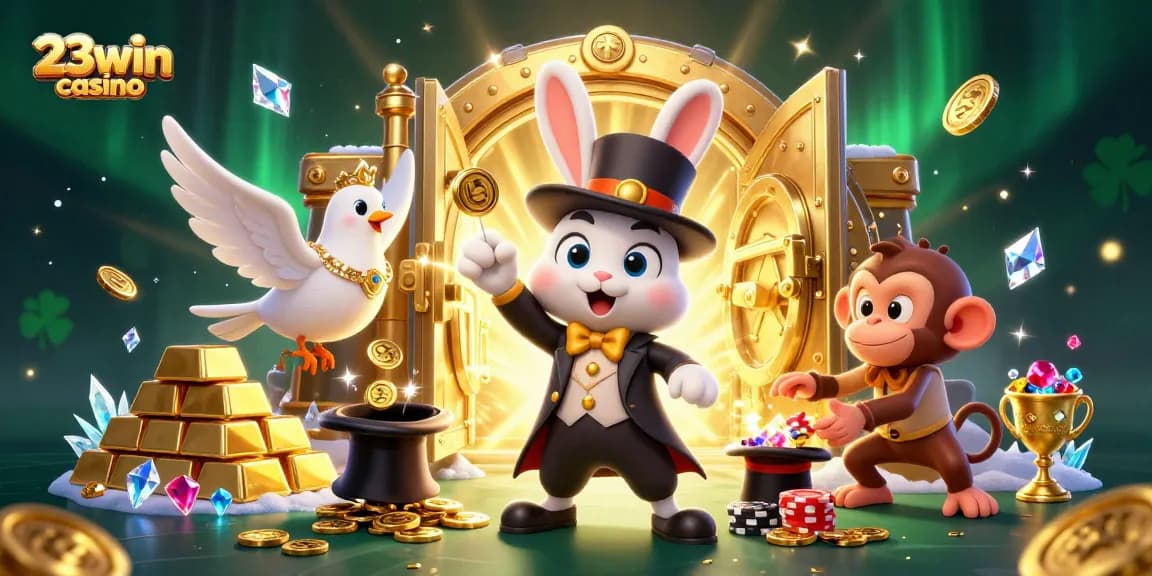 Wager your luck at 23win casino with a playful magician, charming dove, and cheeky monkey in a treasure-filled casino scene.
