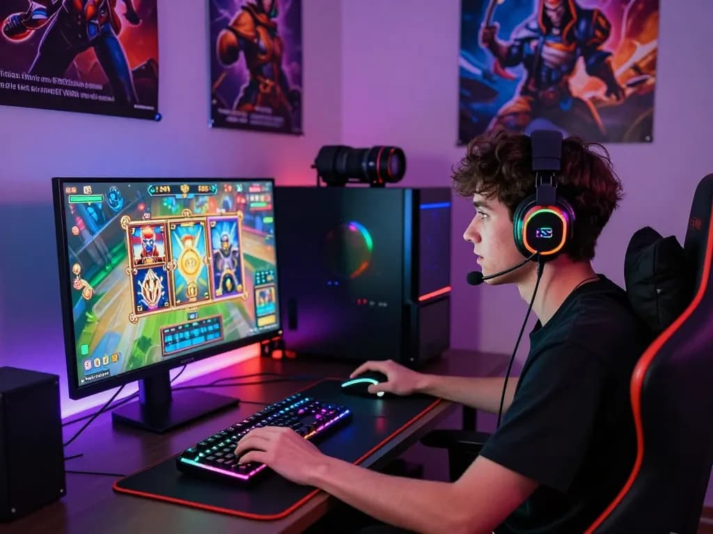 Engaging online gaming experience at https://uu88vn.com/ with a focused player immersed in colorful slot games and vibrant setup.