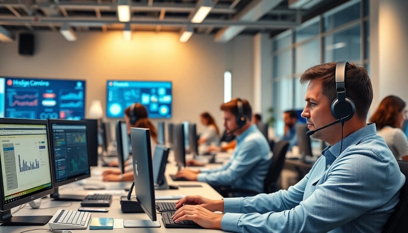 Enhance your communication efficiency with call center software showcased in a vibrant office environment.