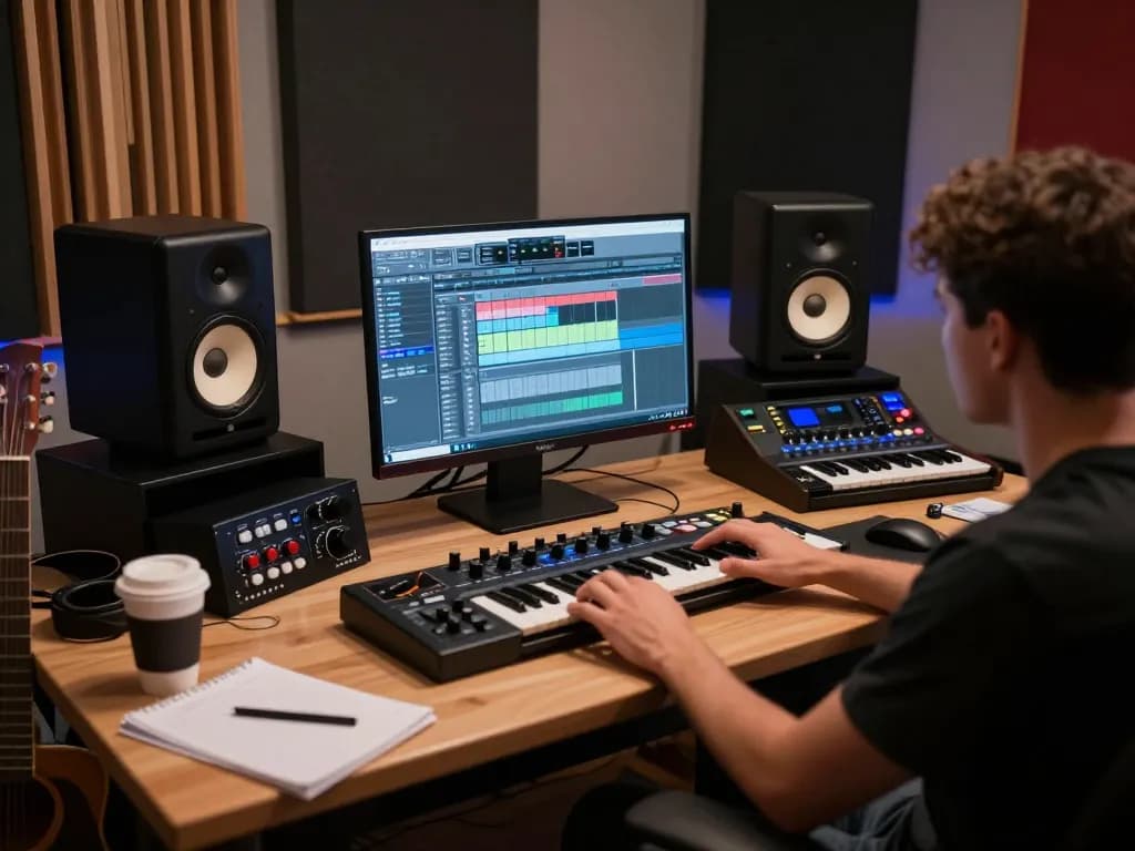 Sound engineer optimizing tracks with SC 88 sound module in a vibrant studio.