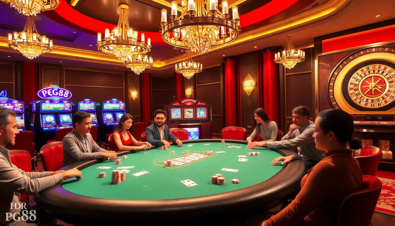 Exciting gameplay at a luxury casino featuring PG88 poker chips and illuminated slot machines.