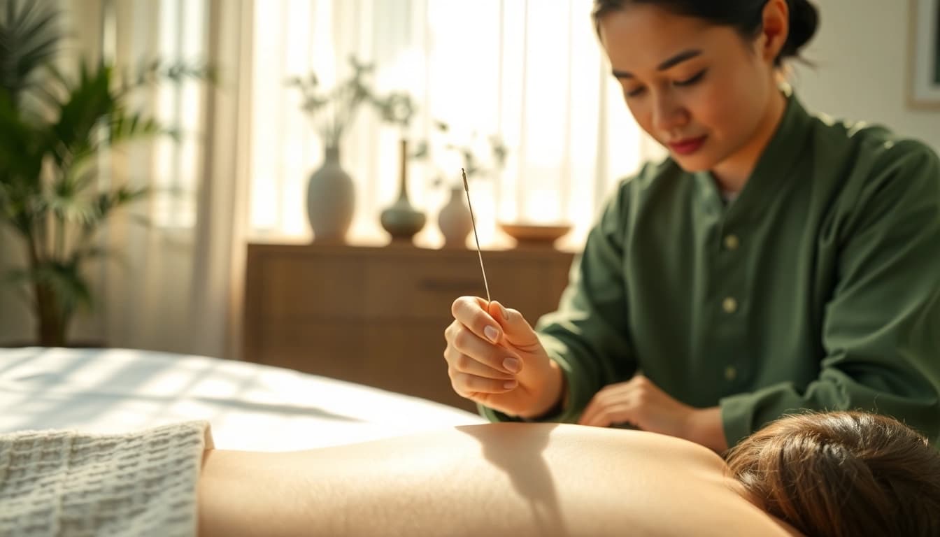 Praktisi Sinshe melakukan akupunktur yang menenangkan bagi pasien di ruang perawatan.