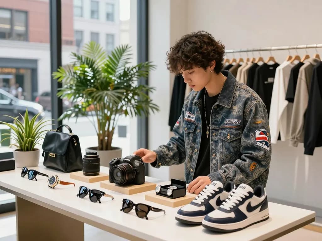 Stylish young shopper exploring premium 레플리카 사이트 products in vibrant urban setting.