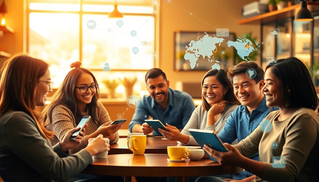 快连下载 - Users enjoying seamless global access via smartphones, tablets, and laptops in a cozy café setting.