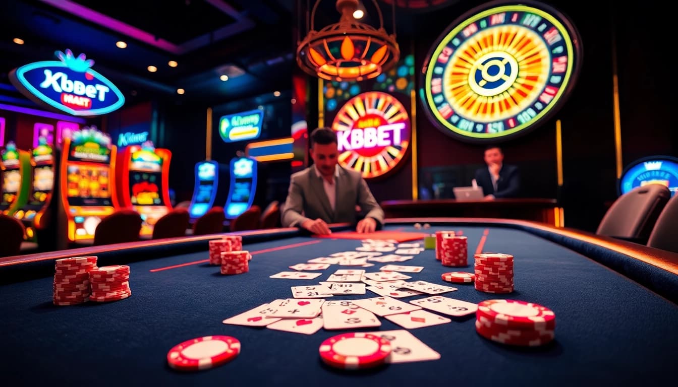 KBBET showcasing a high-roller table with colorful chips and cards in an elegant casino setting.