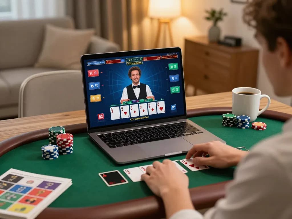 Player enjoying an engaging au88 live dealer blackjack session at home, showcasing dynamic gameplay and strategy.