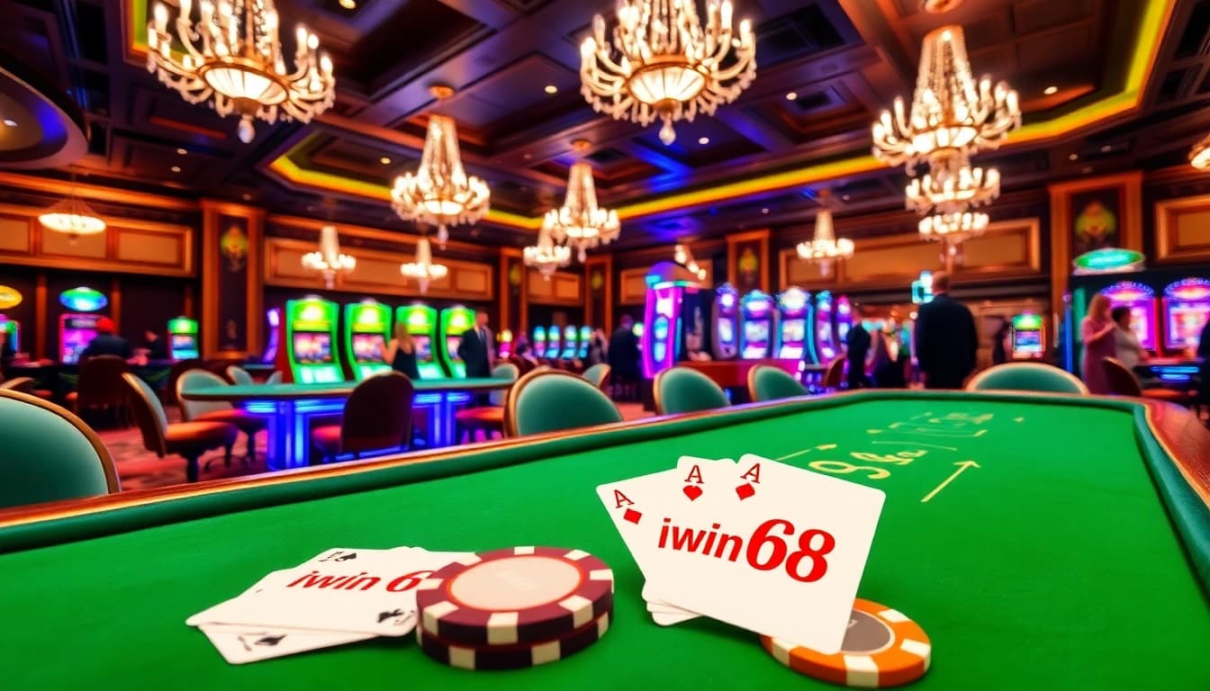 Play poker at iwin68's elegant casino tables surrounded by vibrant slot machines.