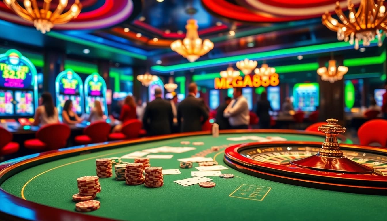 Mega888 casino scene with players at a poker table enjoying a luxurious gambling experience.