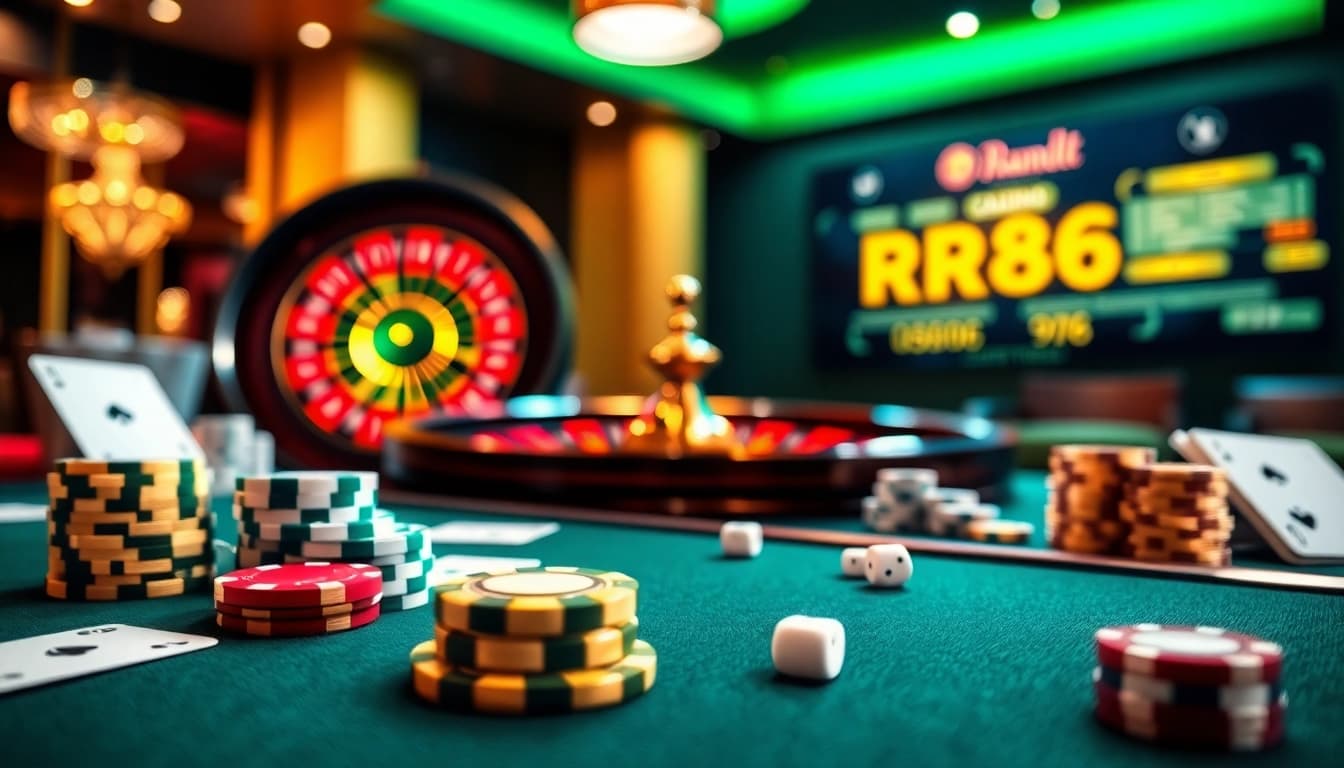 RR88 casino table with poker chips and exciting gameplay atmosphere.