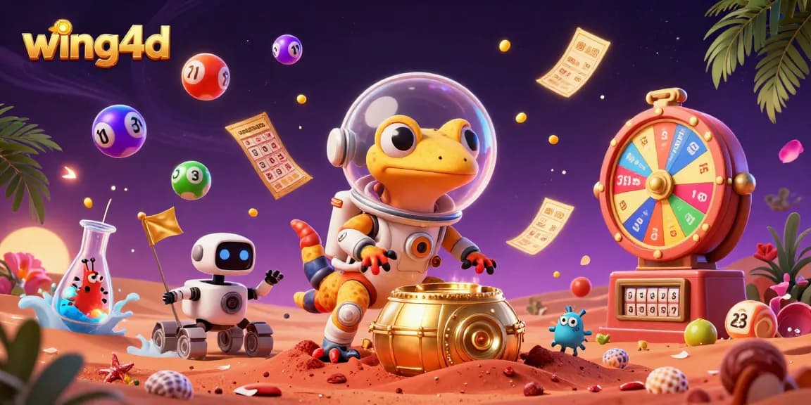 Experience the excitement of wing4d as a Martian gecko discovers a golden casino in this vibrant illustration.