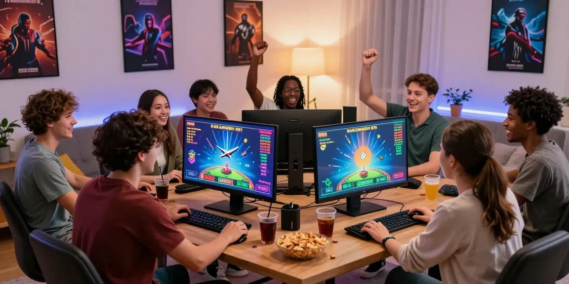 A diverse group enjoying the crash game Aviator at home while celebrating a big win, showcasing the excitement and togetherness of gaming at Aviator Betway.