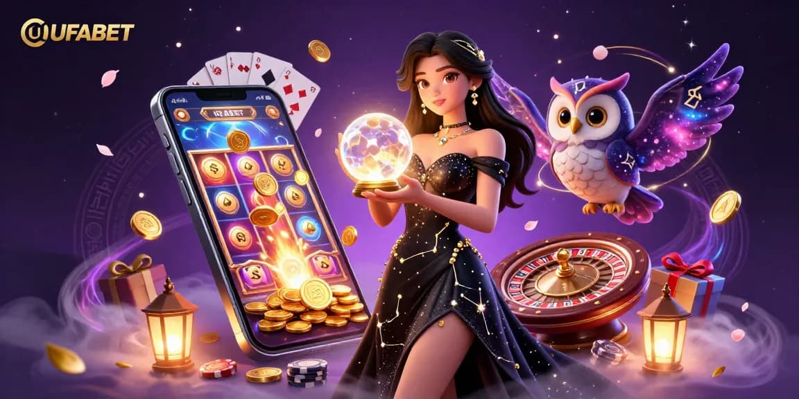 Experience thrilling gameplay at UFABET with vibrant slot games, a mystical ambiance, and engaging betting scenes.