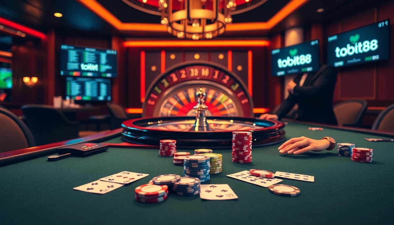 Tobet88 poker scene showcasing professional play and vibrant chips in a luxurious casino.