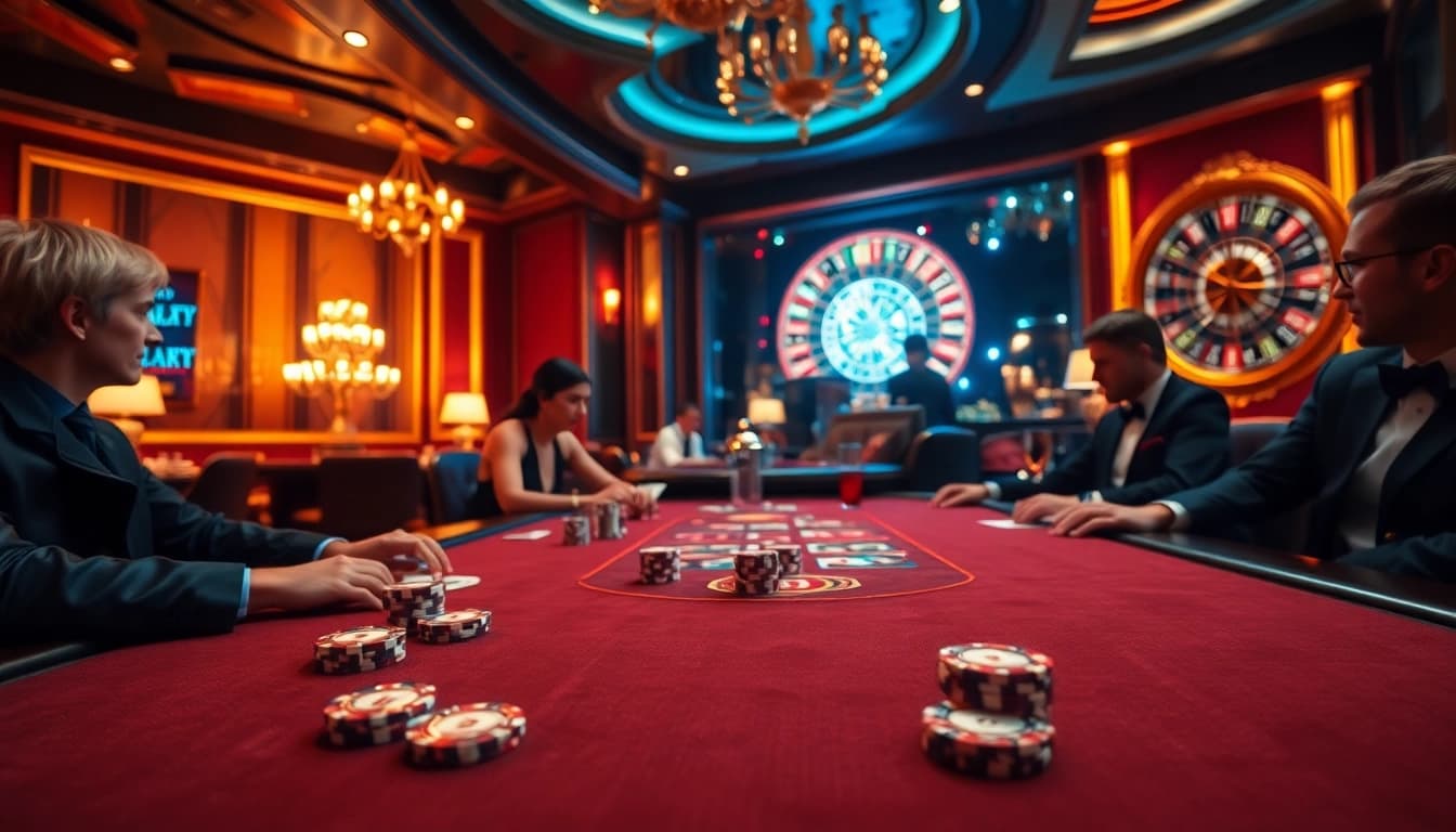 An engaging poker game scene with players and vibrant casino features linking to https://kjc.money/ for exciting online experiences.