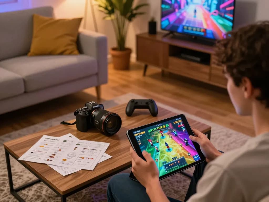 User actively engaged in TT88i gambling on tablet with strategy notes beside in cozy home setting