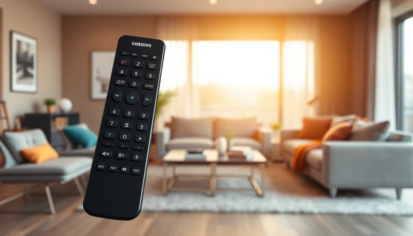 Samsung BN59-01386A remote in a modern living room setting for user convenience.