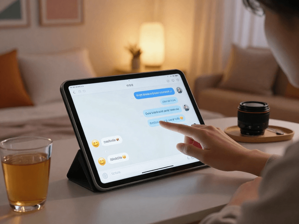 Engaging user interaction with an nsfw chat bot on a tablet in a cozy, inviting setting with warm lighting.