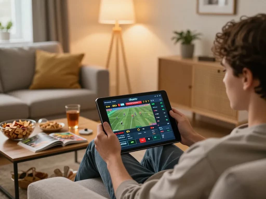 Okwintv user engaging in online sports betting from a cozy living room with strategy guides nearby.